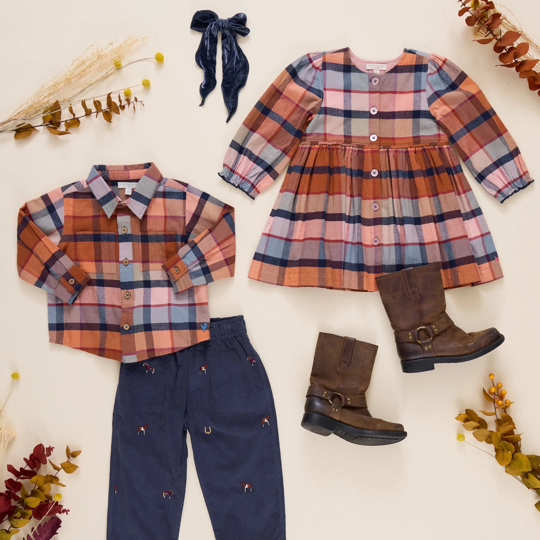 Girls Hayride Plaid Dress with coordinating boys Hayride Plaid shirt and fall accessories