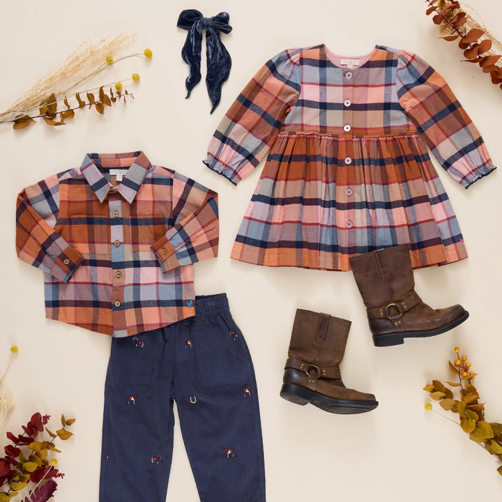 Girls Hayride Plaid Dress with coordinating boys Hayride Plaid shirt and fall accessories