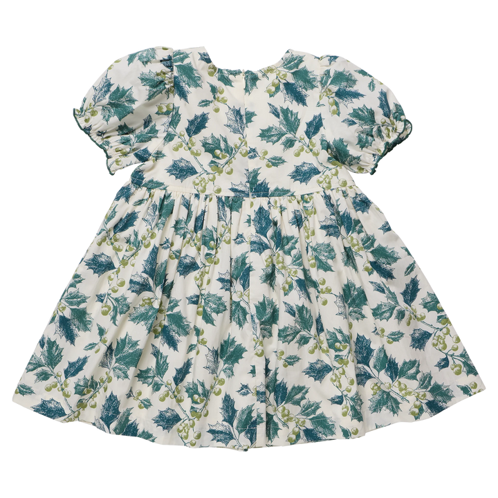 Girls Hermione Dress in Green Holly by Pink Chicken featuring a festive holiday print
