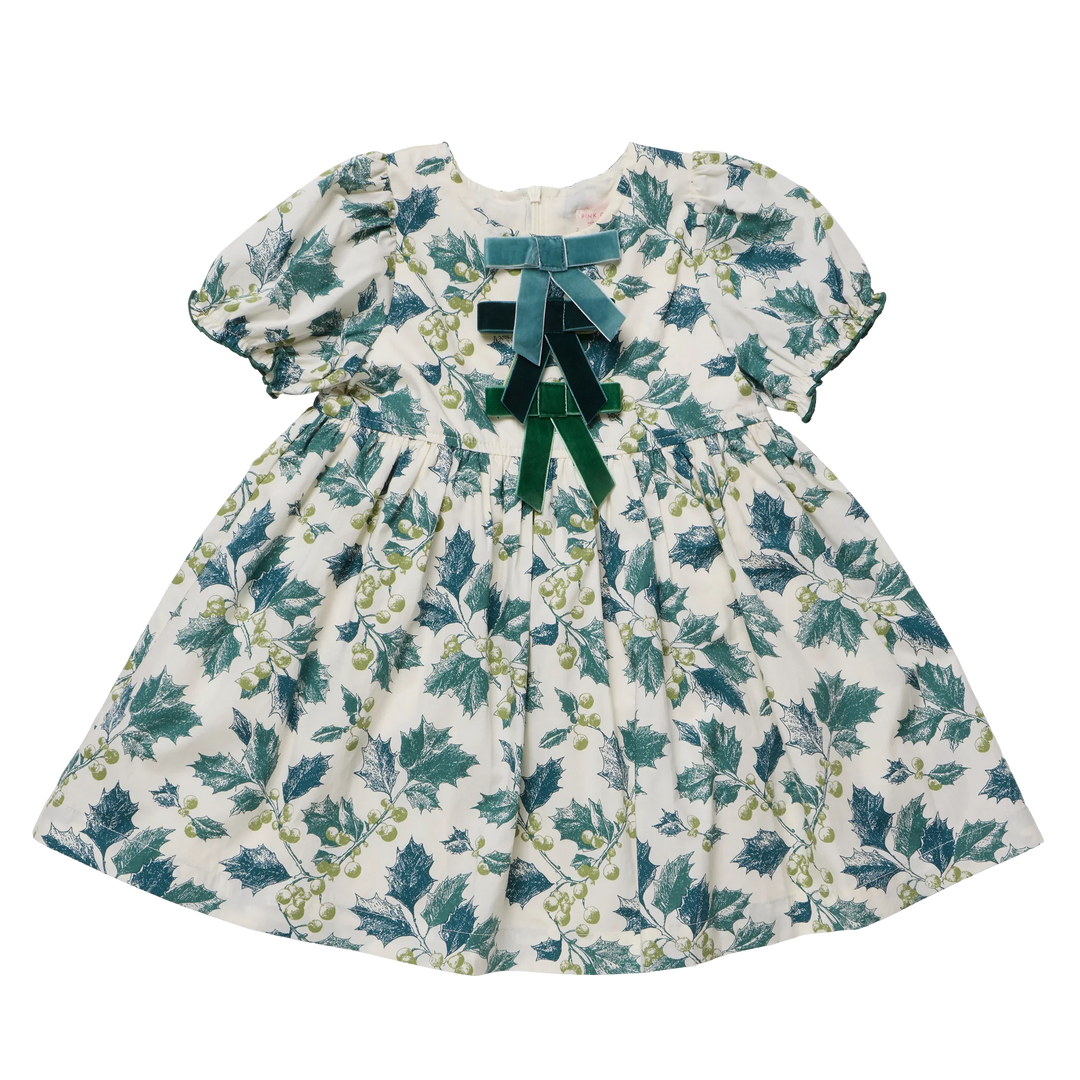 Pink Chicken Girls Hermione Dress in Green Holly featuring velvet bows and puff sleeves
