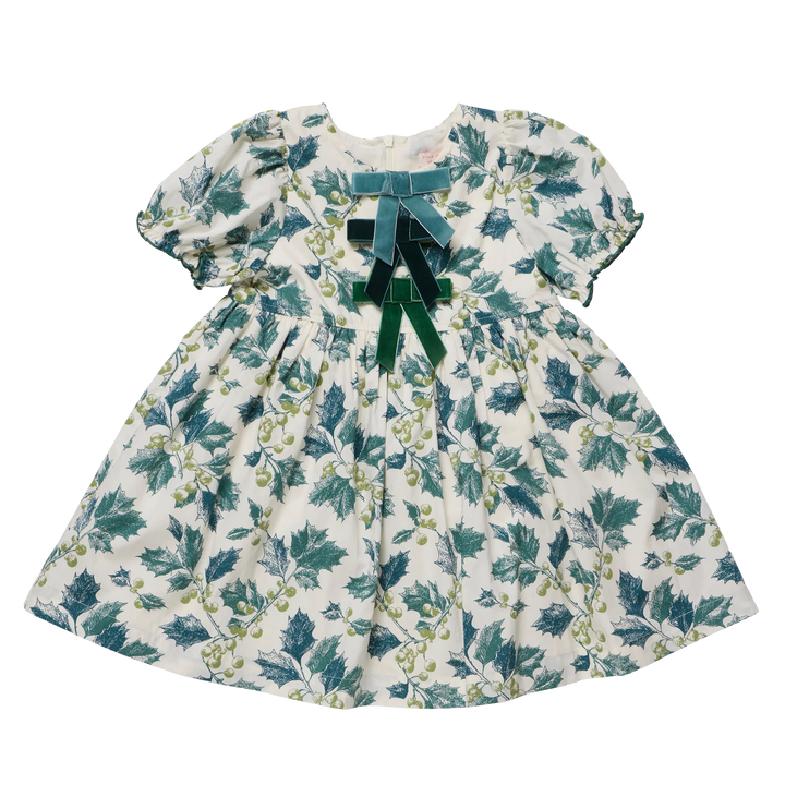 Pink Chicken Girls Hermione Dress in Green Holly featuring velvet bows and puff sleeves