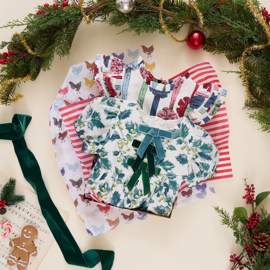 Pink Chicken Girls Hermione Dress in Green Holly styled with festive holiday accessories