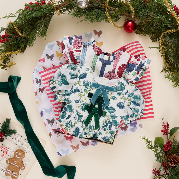 Pink Chicken Girls Hermione Dress in Green Holly styled with festive holiday accessories