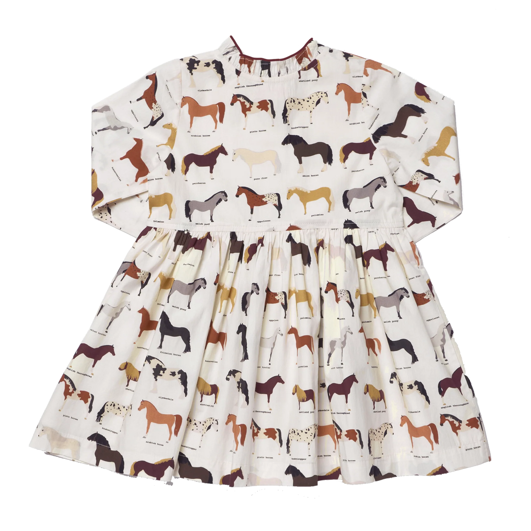 Back view of Girls Horse Print Dress in ivory with colorful allover horse breed print