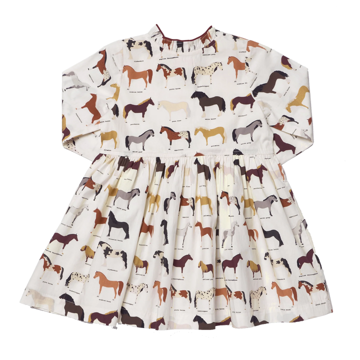 Back view of Girls Horse Print Dress in ivory with colorful allover horse breed print