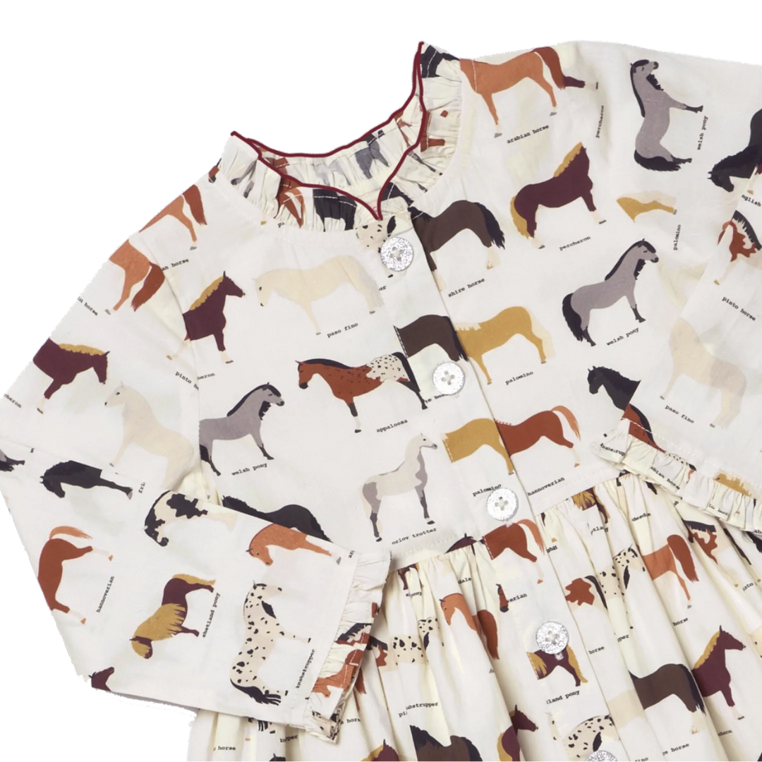 Close-up of Girls Horse Print Dress featuring colorful horse breeds, ruffle trim and front buttons
