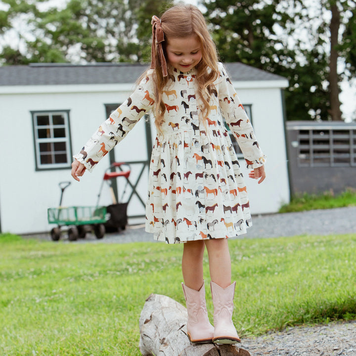 Girls Horse Print Dress styled with pink cowboy boots for a western-inspired fall outfit