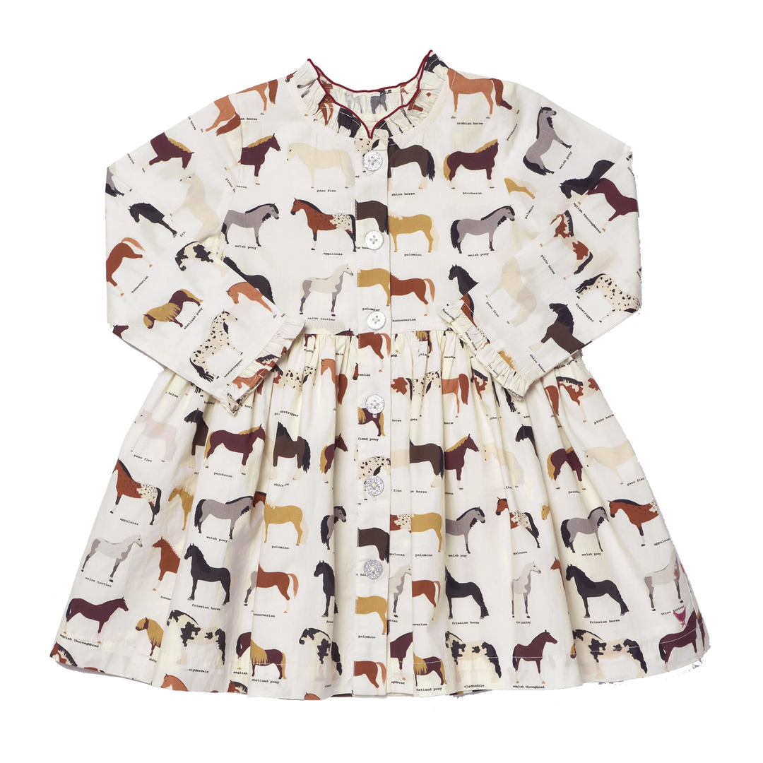 Girls Horse Print Dress in ivory with colorful horse breeds, long sleeves and ruffle details