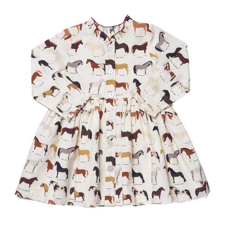 Girls Horse Print Dress in ivory with colorful horse breeds, long sleeves and ruffle details
