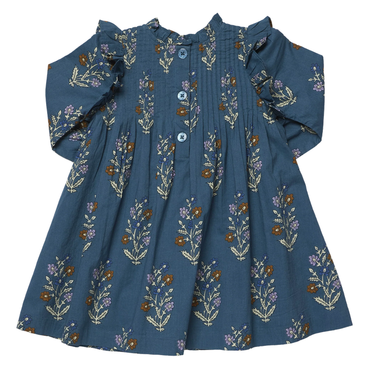 Back view of Girls Jaipur Dress Balsam Dewdrop with button closure and blue floral print