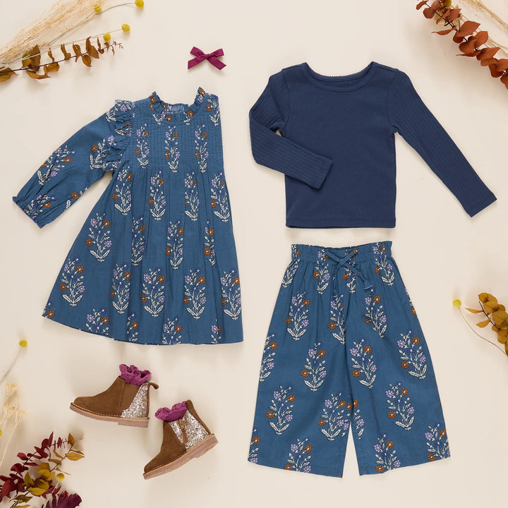 Girls Jaipur Dress Balsam Dewdrop styled with coordinating blue floral pants and navy top