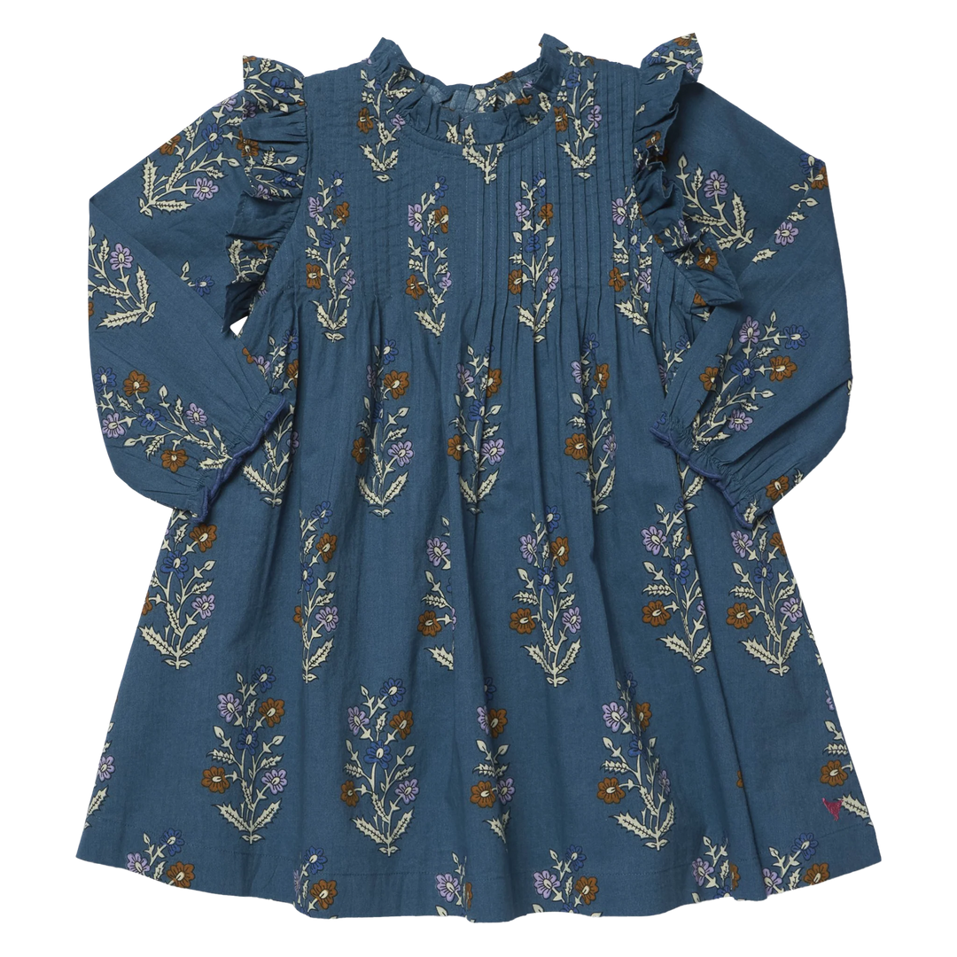 Girls Jaipur Dress Balsam Dewdrop blue floral dress with ruffle shoulders and pintuck detailing