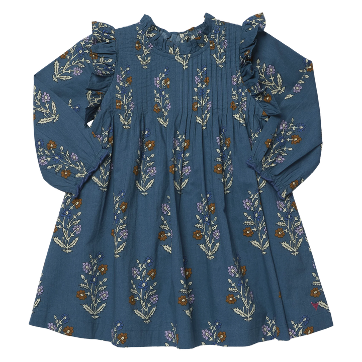 Girls Jaipur Dress Balsam Dewdrop blue floral dress with ruffle shoulders and pintuck detailing