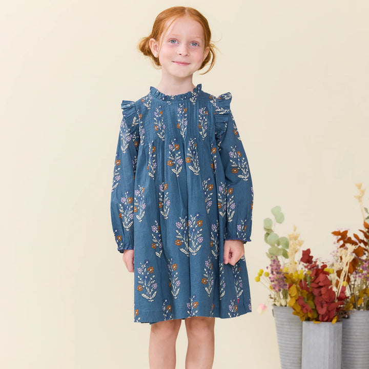 Girl wearing Girls Jaipur Dress Balsam Dewdrop blue floral long sleeve dress