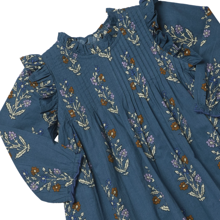 Close-up of Girls Jaipur Dress Balsam Dewdrop ruffle shoulders, pintuck bodice, and floral print