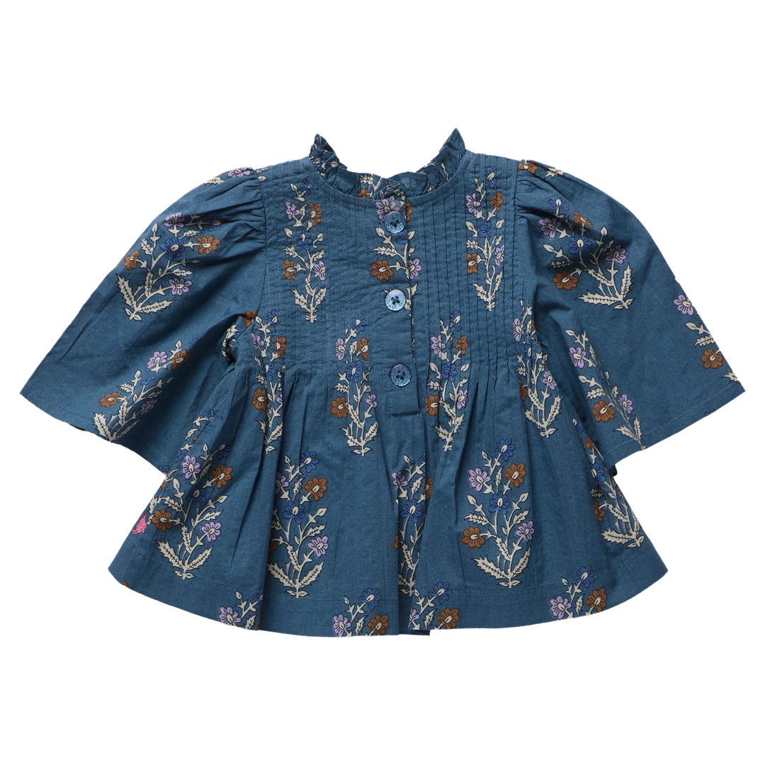 Back view of Girls Jaipur Top Balsam Dewdrop with button closure and blue floral print
