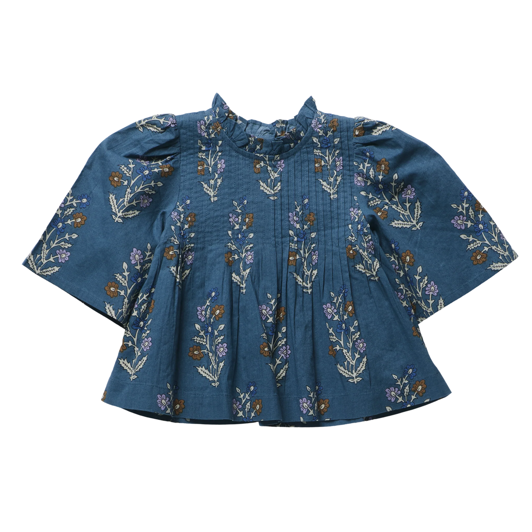 Girls Jaipur Top Balsam Dewdrop blue floral top with ruffle neckline and pintuck detailing
