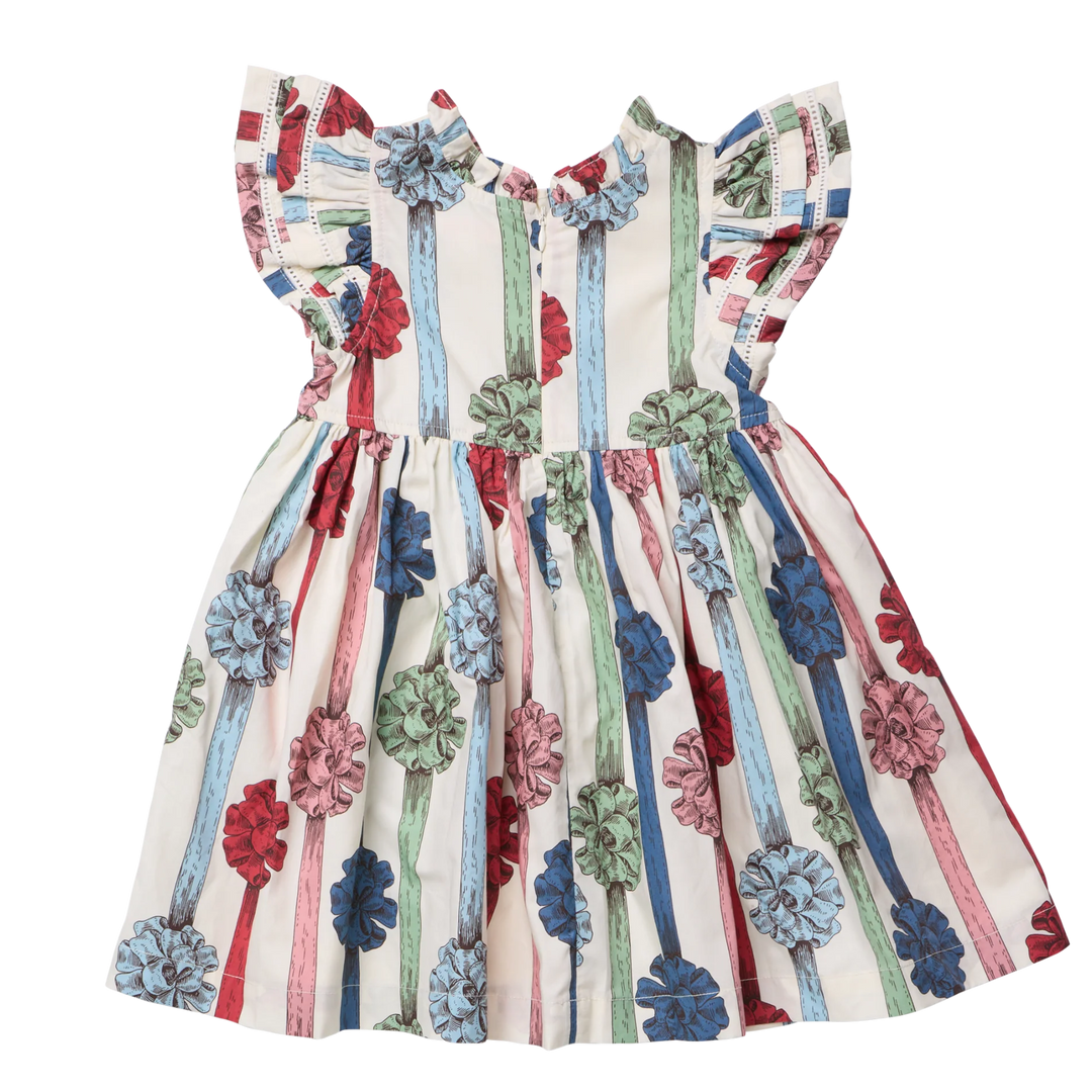 Back view of Pink Chicken Girls Double Ruffle Jennifer Dress featuring colorful present bows, gathered skirt, and ruffled sleeves