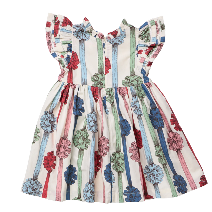 Back view of Pink Chicken Girls Double Ruffle Jennifer Dress featuring colorful present bows, gathered skirt, and ruffled sleeves