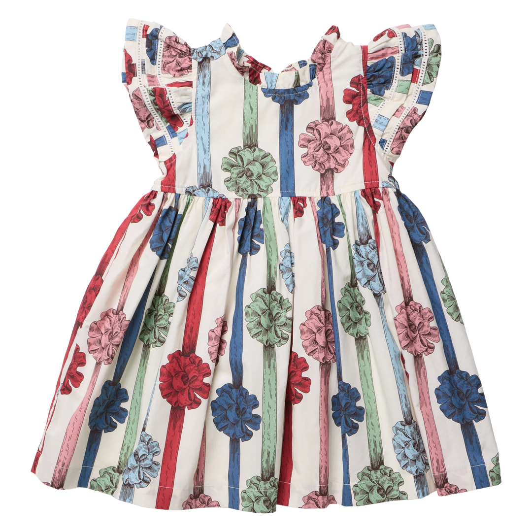 Pink Chicken Girls Double Ruffle Jennifer Dress in Present Bows featuring colorful ribbon print, flutter sleeves, and gathered skirt