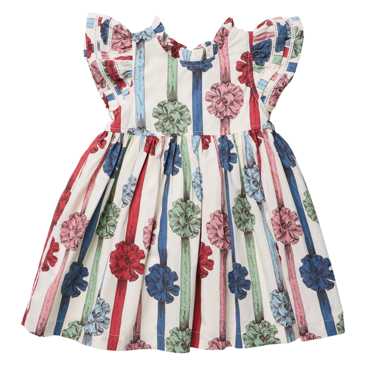 Pink Chicken Girls Double Ruffle Jennifer Dress in Present Bows featuring colorful ribbon print, flutter sleeves, and gathered skirt