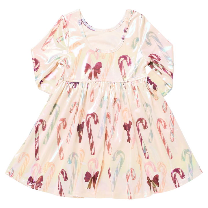 Back view of Pink Chicken Girls Lame Steph Dress in Antique Candy Canes featuring a scoop neckline, long sleeves, gathered skirt, and iridescent holiday print.