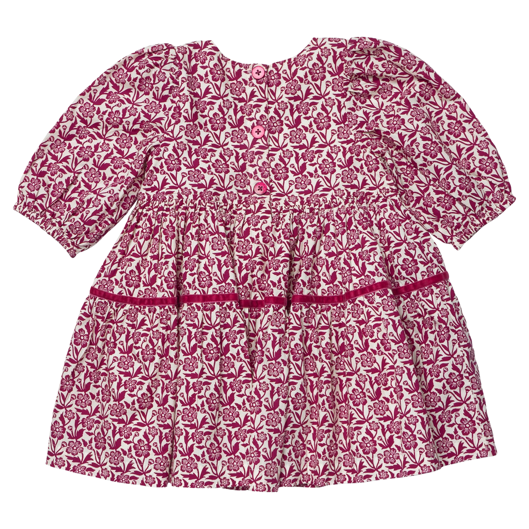 Back view of Girls Maribelle Dress in Burgundy Climbing Floral with button closure and velvet trim