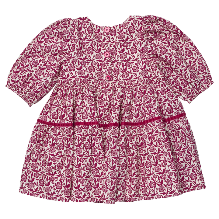 Back view of Girls Maribelle Dress in Burgundy Climbing Floral with button closure and velvet trim