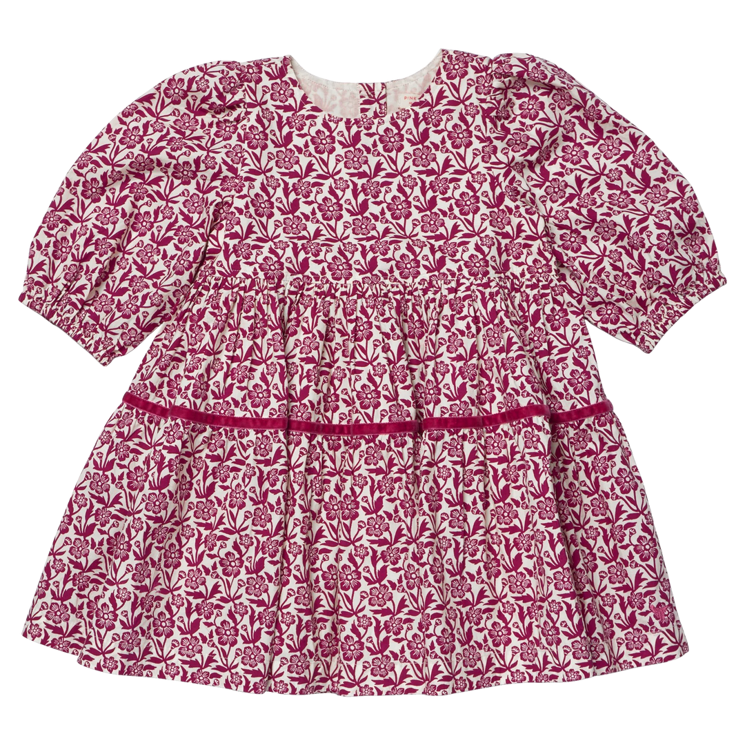Girls Maribelle Dress in Burgundy Climbing Floral with puff sleeves, tiered skirt and velvet trim