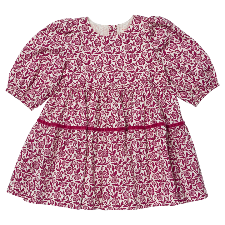 Girls Maribelle Dress in Burgundy Climbing Floral with puff sleeves, tiered skirt and velvet trim