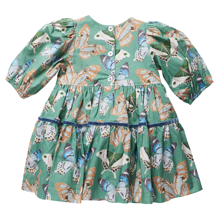 Back view of Girls Maribelle Dress Green Butterflies with button closure and tiered skirt