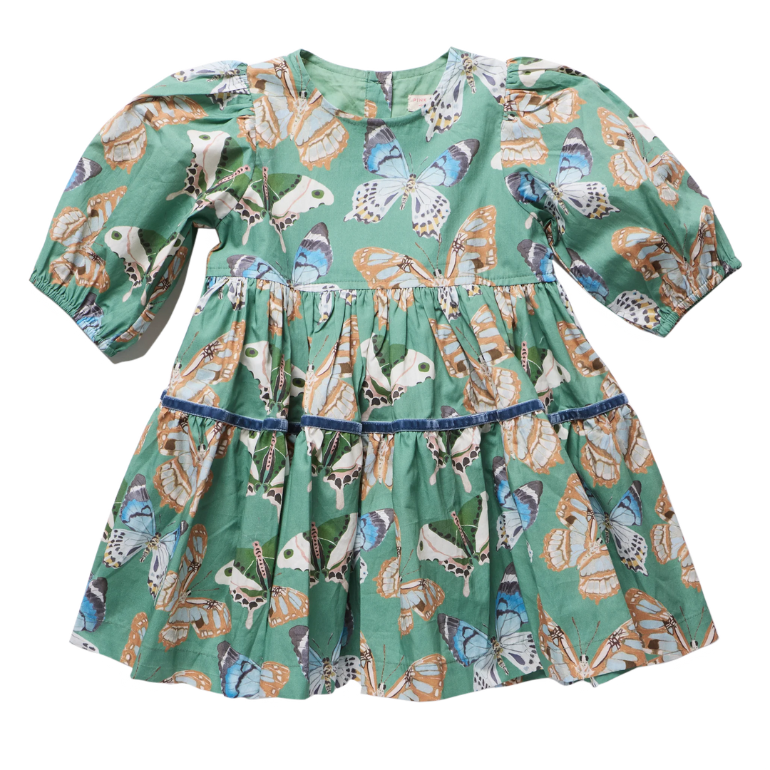Girls Maribelle Dress Green Butterflies with puff sleeves, tiered skirt, and blue velvet trim