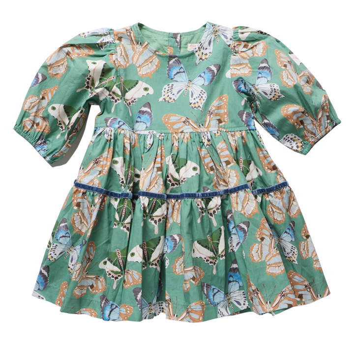 Girls Maribelle Dress Green Butterflies with puff sleeves, tiered skirt, and blue velvet trim