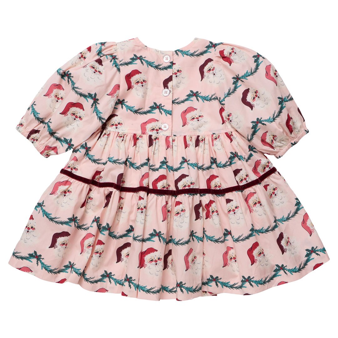 Back view of the Pink Chicken Girls Maribelle Dress in Santa Garland featuring decorative button closures, puff sleeves, burgundy velvet trim, and a tiered skirt