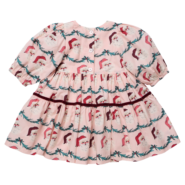 Back view of the Pink Chicken Girls Maribelle Dress in Santa Garland featuring decorative button closures, puff sleeves, burgundy velvet trim, and a tiered skirt