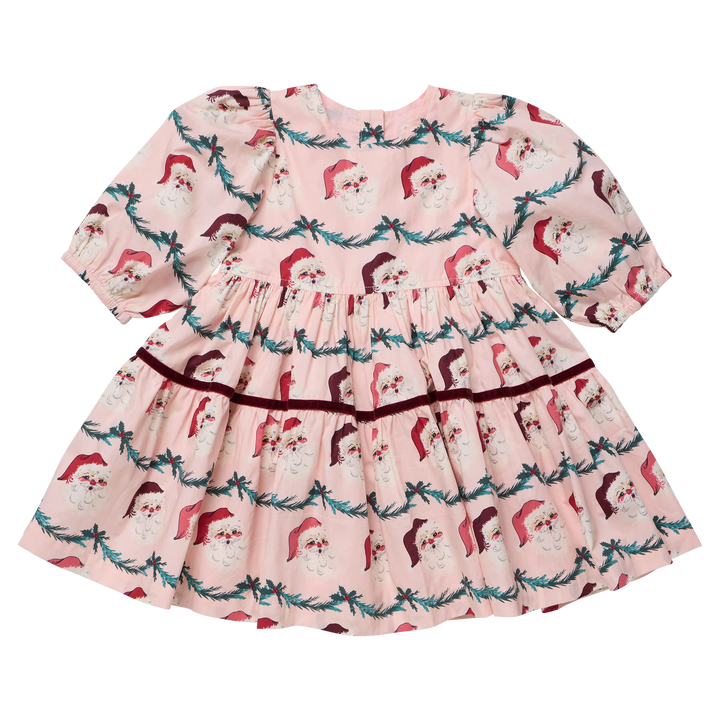 Pink Chicken Girls Maribelle Dress in Santa Garland featuring a pink vintage Santa print, puff sleeves, tiered skirt, and burgundy velvet trim.