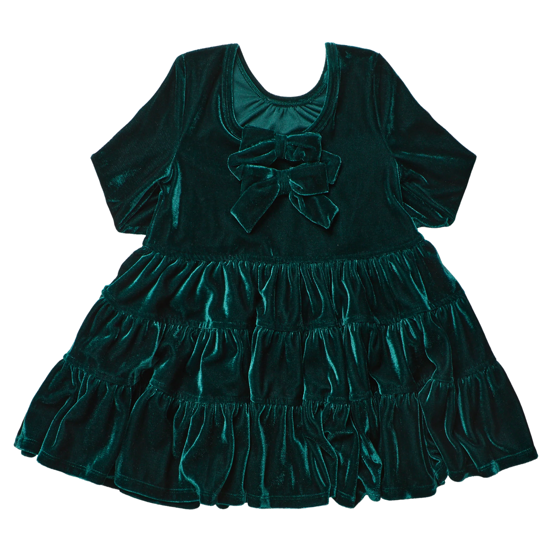 Back view of Pink Chicken Girls Pearl Dress in Evergreen Velour featuring two velvet bows, scoop back neckline, and tiered skirt