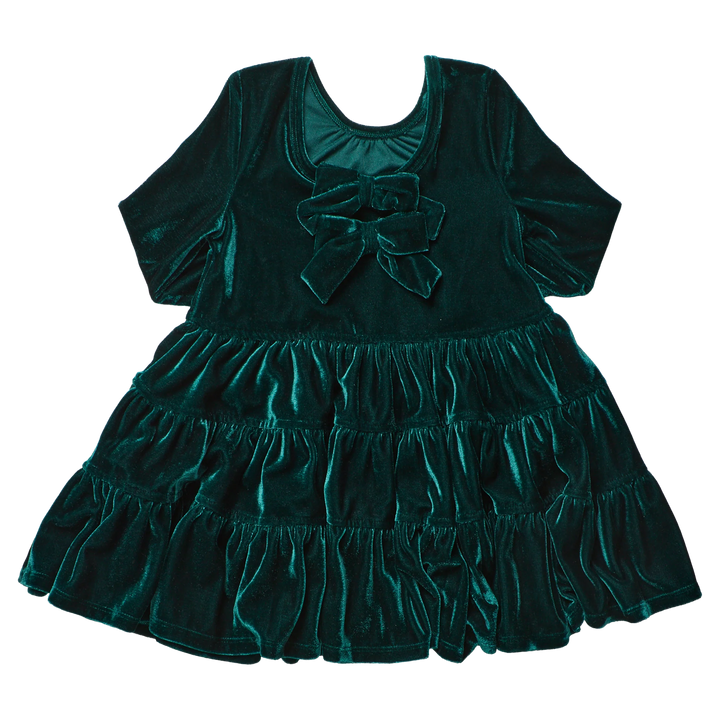 Back view of Pink Chicken Girls Pearl Dress in Evergreen Velour featuring two velvet bows, scoop back neckline, and tiered skirt