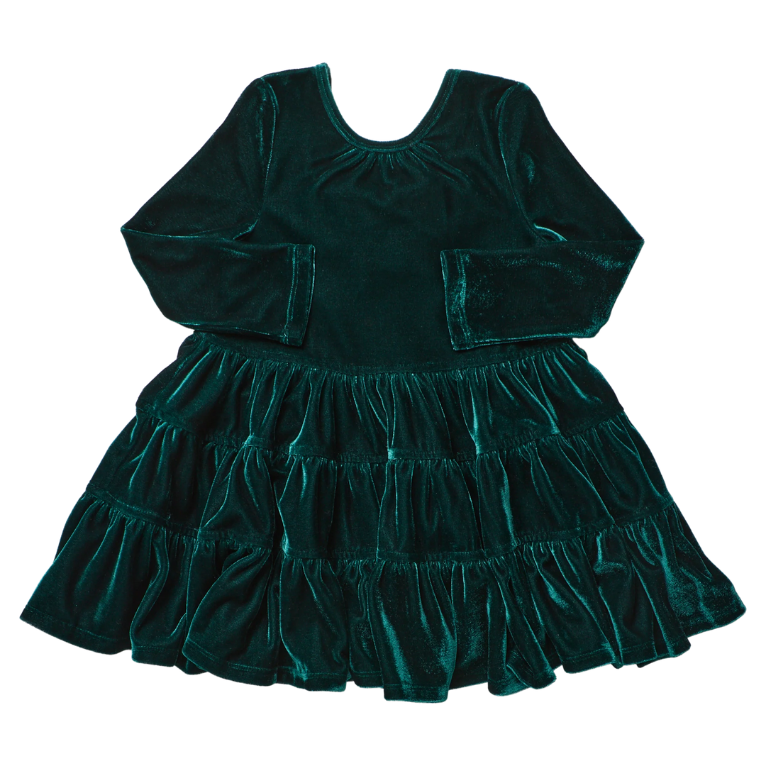 Pink Chicken Girls Pearl Dress in Evergreen Velour featuring rich emerald green fabric, long sleeves, gathered neckline, and tiered skirt