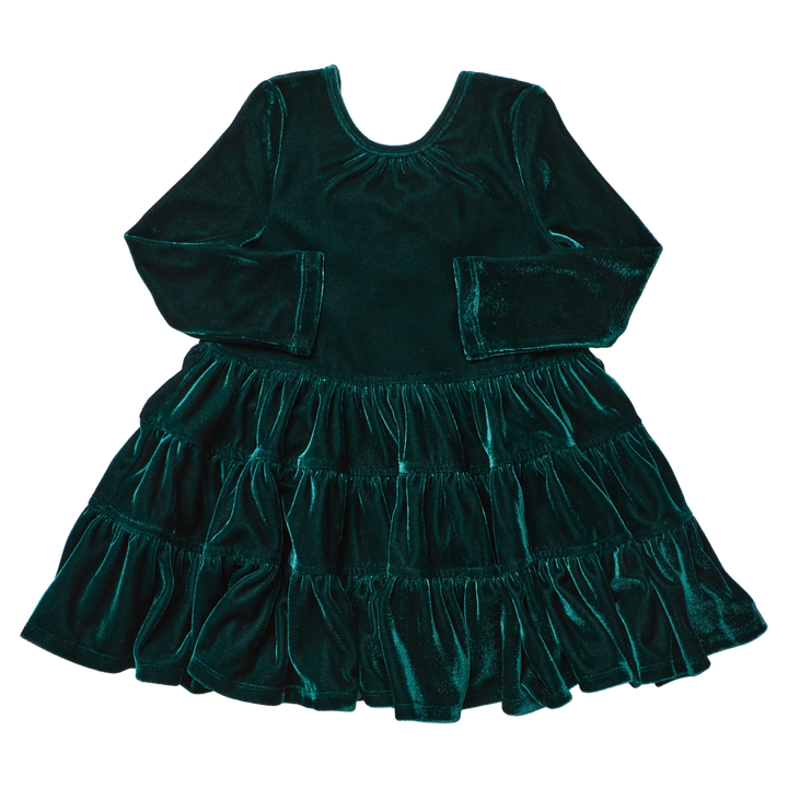 Pink Chicken Girls Pearl Dress in Evergreen Velour featuring rich emerald green fabric, long sleeves, gathered neckline, and tiered skirt