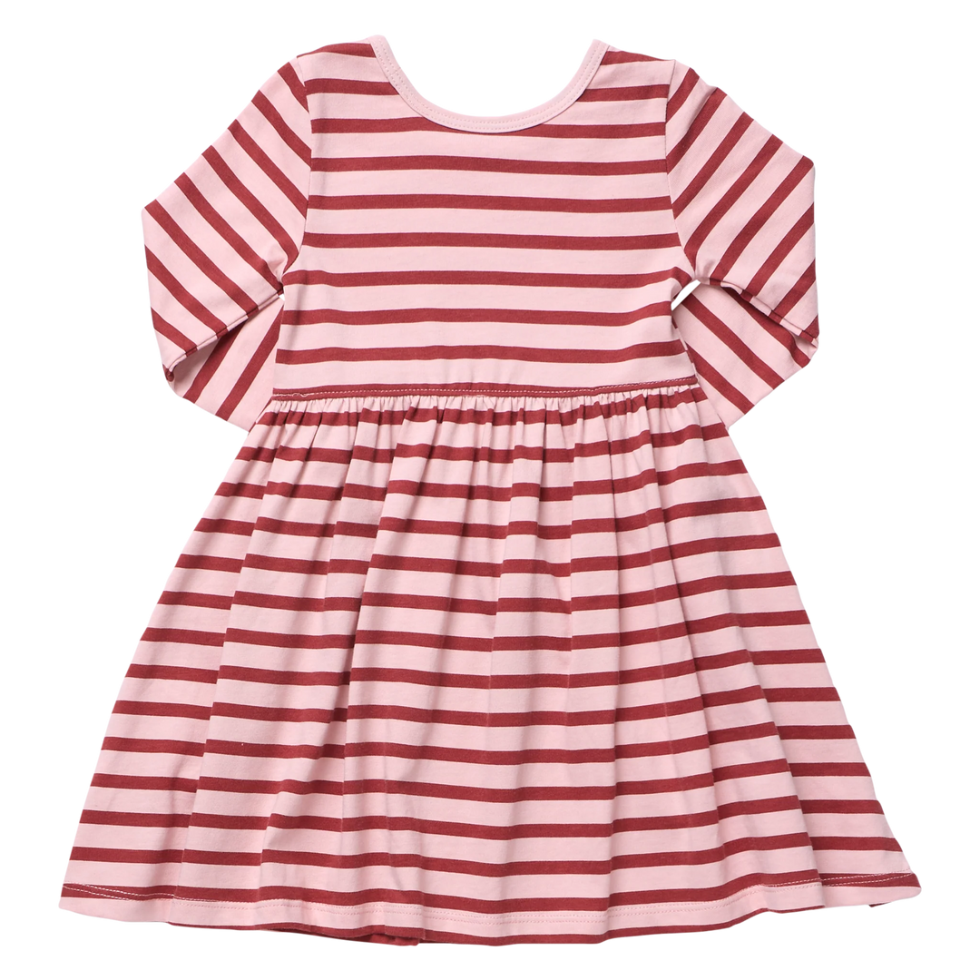 Back view of girls pink and red striped long sleeve dress featuring an allover horizontal stripe pattern and gathered skirt.