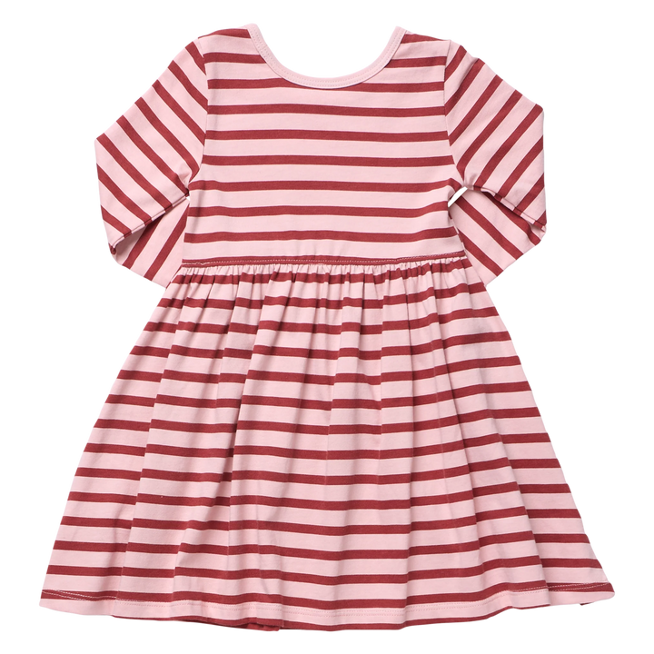 Back view of girls pink and red striped long sleeve dress featuring an allover horizontal stripe pattern and gathered skirt.