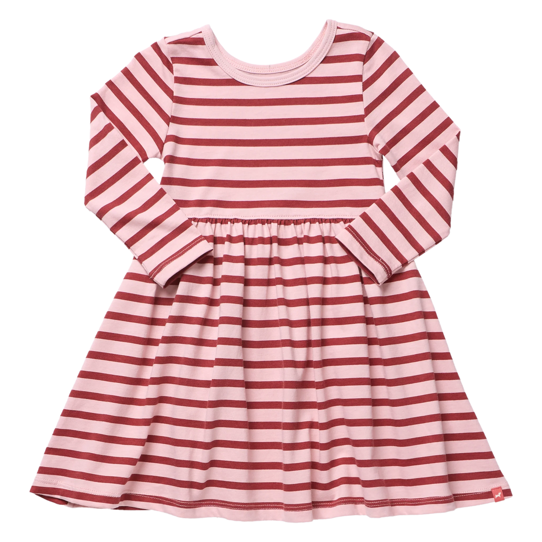 Girls pink striped dress featuring contrasting red horizontal stripes, long sleeves, a round neckline, and gathered skirt.