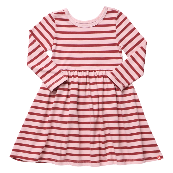 Girls pink striped dress featuring contrasting red horizontal stripes, long sleeves, a round neckline, and gathered skirt.
