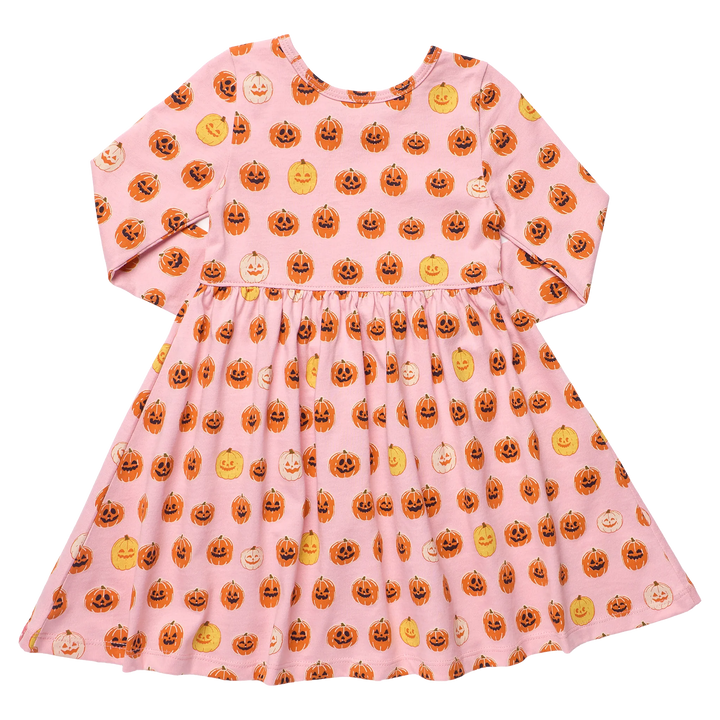 Back view of pink girls pumpkin Halloween dress featuring an allover orange jack-o&