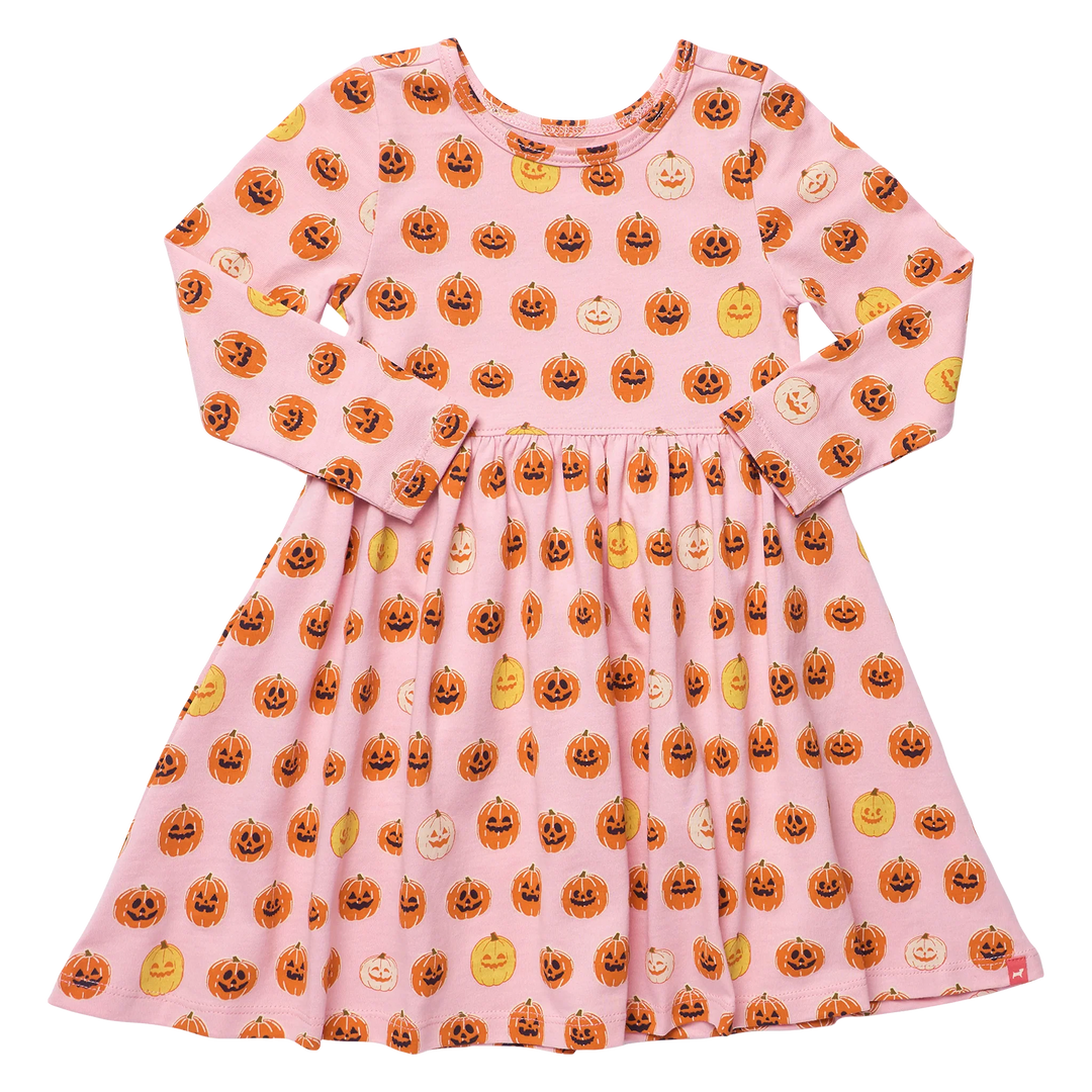 Pink girls pumpkin Halloween dress with long sleeves, gathered waist, twirl skirt, and colorful jack-o&