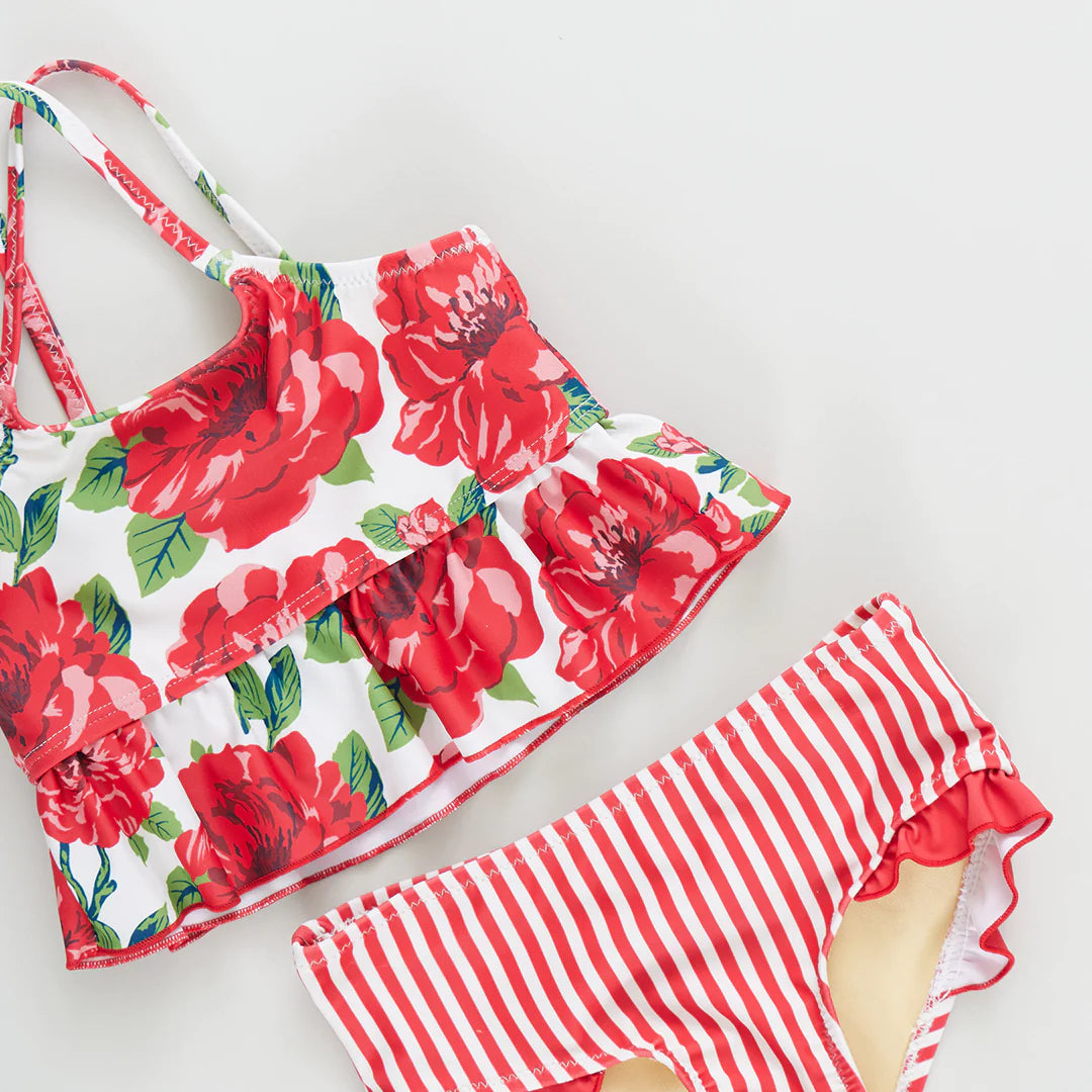 Girls Joy Tankini - Red Peonies
