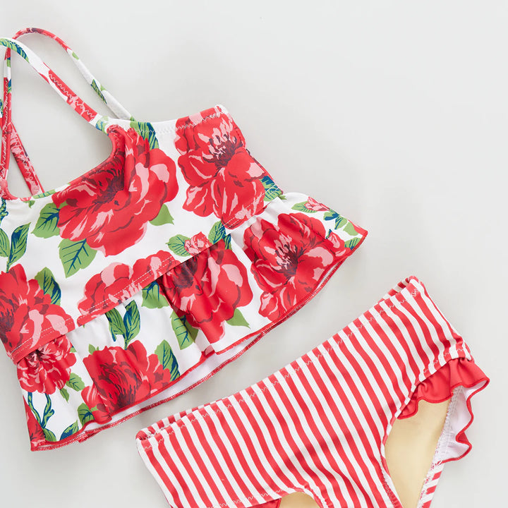 Girls Joy Tankini - Red Peonies