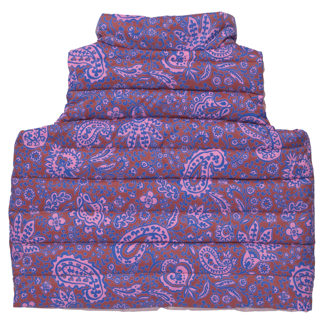 Back view of Girls Reversible Riley Vest Purple Paisley Vines with colorful quilted paisley print