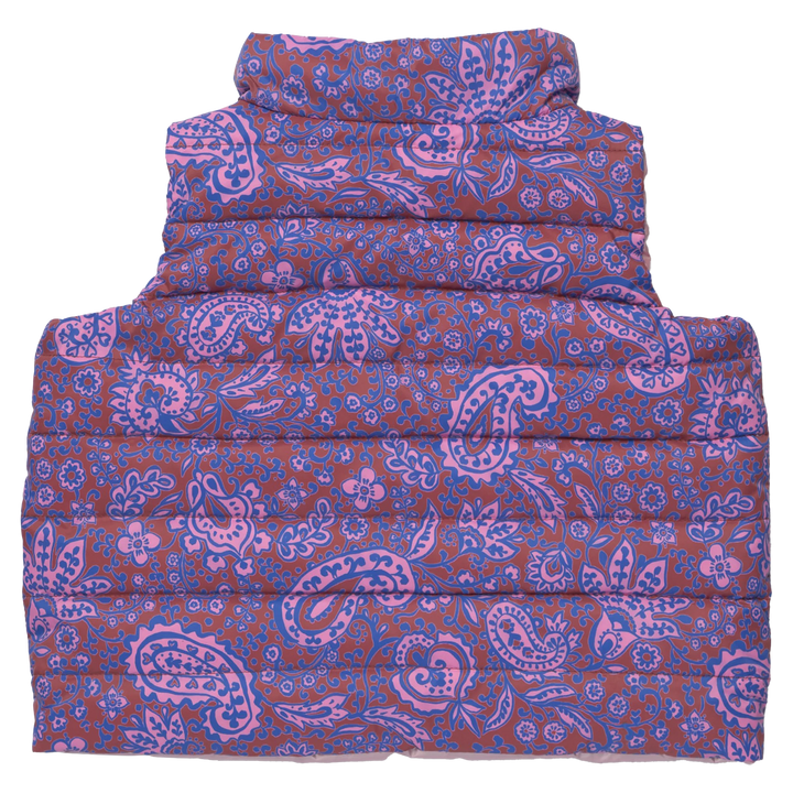 Back view of Girls Reversible Riley Vest Purple Paisley Vines with colorful quilted paisley print